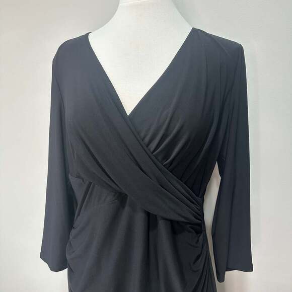 Lauren Ralph Lauren Black Dress Wrap Ruched Draped 3/4 Sleeve, Women Sz 14 - Picture 2 of 8